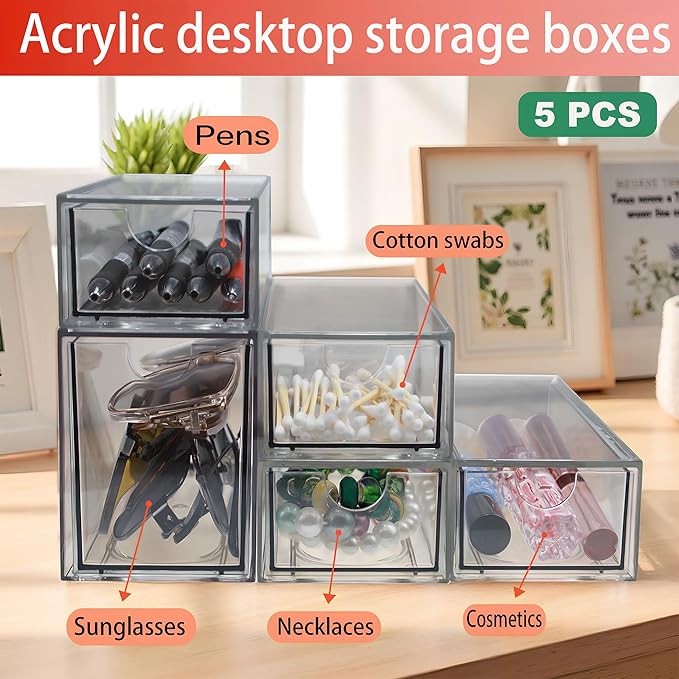 Stackable Storage Drawers Set of 5 Acrylic Storage Drawers Clear Plastic Stackable Organizer Bins for Makeup, Cosmetics,Beauty Supplies,Ideal for Vanity, Bathroom,Cabinet,Pantry Organization