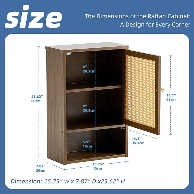 HITNET Bamboo Medicine Cabinet, Wall Mounted Bathroom Cabinet with Adjustable Shelf, Single Rattan Door Hanging Storage Organizer Over Toilet for Entryway, Laundry Room(Walnut)