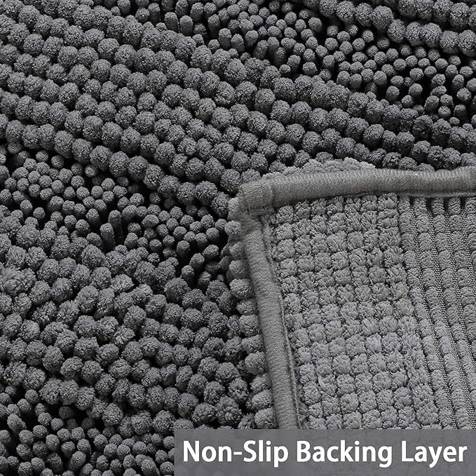 Turquoize Chenille Bathroom Rugs Set Non-Slip Bath Mats for Bathroom Super Absorbent Shaggy Rugs for Tub Shower Toilet Plush Bath Rug Plus U Contour Rug (Oversized: 24" x 36" and 20" x 24" U), Gray