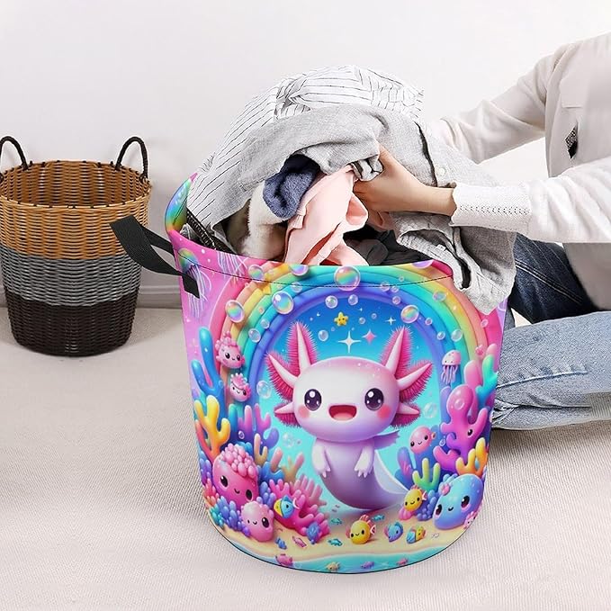 Cute Axolotl Rainbow Laundry Hamper Underwater Coral Hampers for Laundry Dirty Clothes Basket Organizer Room Decor