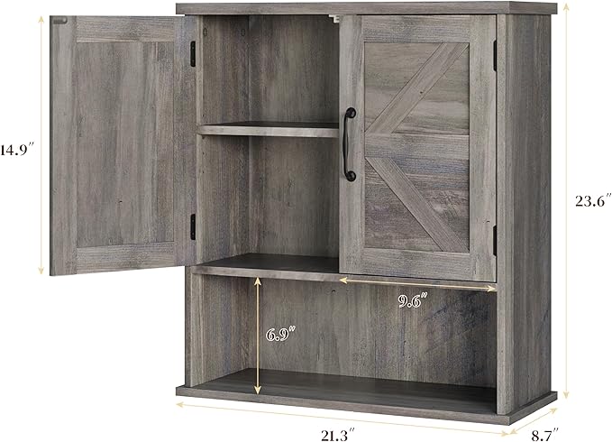 Smuxee Farmhouse Bathroom Cabinet Wall Mounted, Washed Grey Small Medicine Cabinet with Adjustable Shelf, Bathroom Cabinet for Living Room, Laundry Room