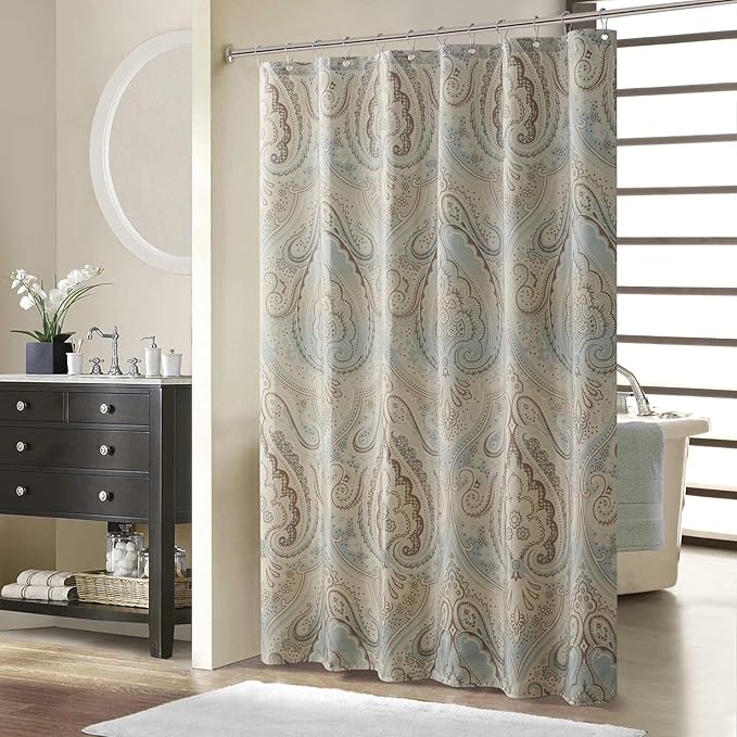 Fabric Shower Curtain, Blue and Tan Boho Paisley Print Shower Curtains for Bathroom, Waterproof Bathroom Curtains, 62" W x 72" H