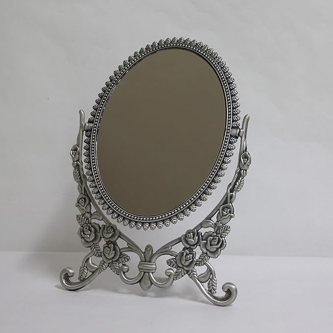 SEHAMANO Vintage Antique Embossed Roses Pattern Makeup Table Mirror, Decorative Oval Shaped Stand Mirror, Vanity Cosmetic Double Sided Rotatable Ellipse Metal Frame Mirror (Tin (Matt Grey), Large)