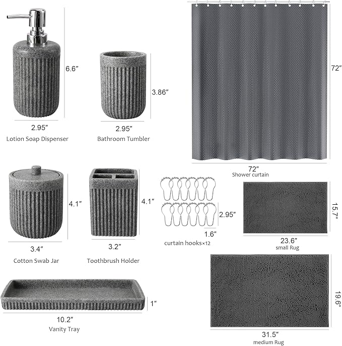 XLHOMO 8-Piece Grey Bathroom Sets with Shower Curtain and Rugs, Resin Bathroom Accessories Sets Complete with Soap Dispenser, Toothbrush Holder, Tumbler & Apothecary Jars Bathroom Essentials