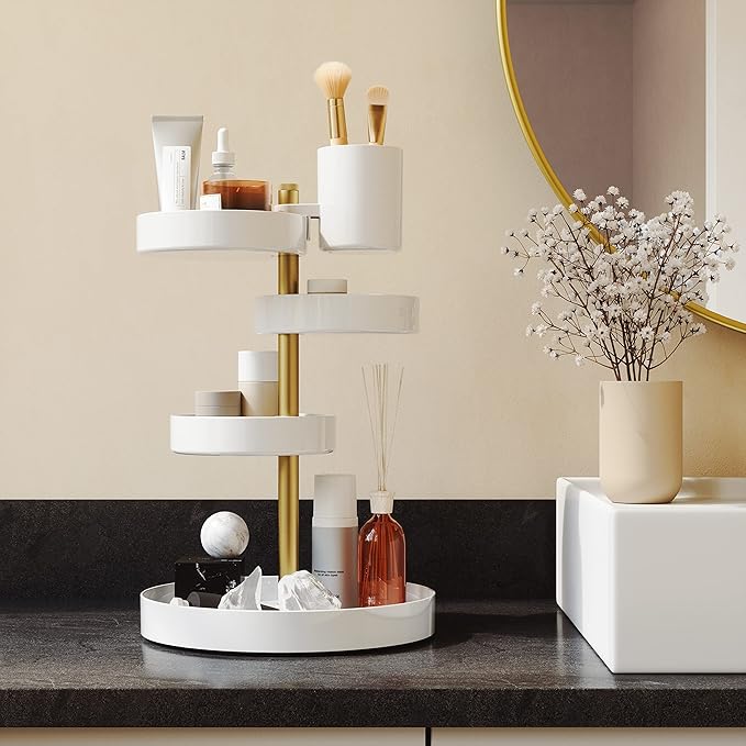 Umbra Pirouette Cosmetic Organizer, Large Capacity Makeup Storage with Adjustable Compartments, White/Brass