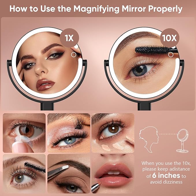 Lighted Makeup Mirror with 10X Magnification, Rechargeable LED Magnifying Vanity Mirror with 3 Lights, Adjustable Height, Storage Base and Phone Holder, Black, 8 inch