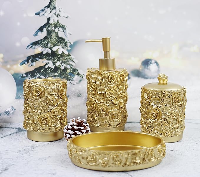 Hymmah Gold Bathroom Accessories Set,Rose Design Bathroom Set,Farmhouse Bathroom Decor,4 Pcs Resin Gift Set Apartment Necessities, Contain Cotton Swab Jar,Soap Dispenser,Soap Dish,Tumbler White