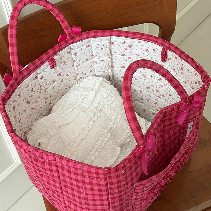 Quilted Fabric Basket Car Storage Basket Boho Floral Laundry Hamper for Nursery Bedroom & Living Room | Organize Clothes Toys (Hot Pink Gingham Check)