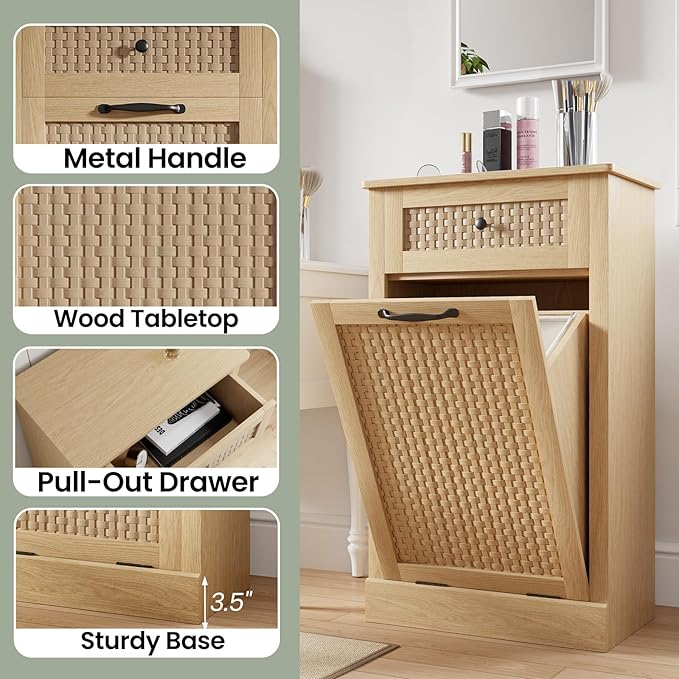 Tilt Out Laundry Hamper Cabinet, Rattan-Style Laundry Room Organization with Removable Laundry Basket, Hidden Wood Dirty Clothes Hamper with Drawer, 21.6" L x 13" W x 35.8" H, Wood