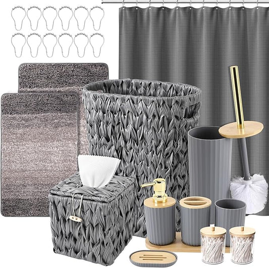Bathroom Accessories Set, 25PCS Wicker Bathroom Accessory Set with Shower Curtain, Bath Mat, Soap Dispenser, Handwoven Trash Can & Ratten Tissue Box (Grey, Bath Set+Shower Curtain+Rugs)