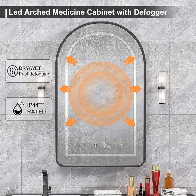 20x31 Inch Arched Medicine Cabinet with LED Mirror - Black Recessed Bathroom Storage, Dimmable Anti-Fog Lighted Mirror Cabinet, Black Arched Medicine Cabinet,Adjustable Shelves