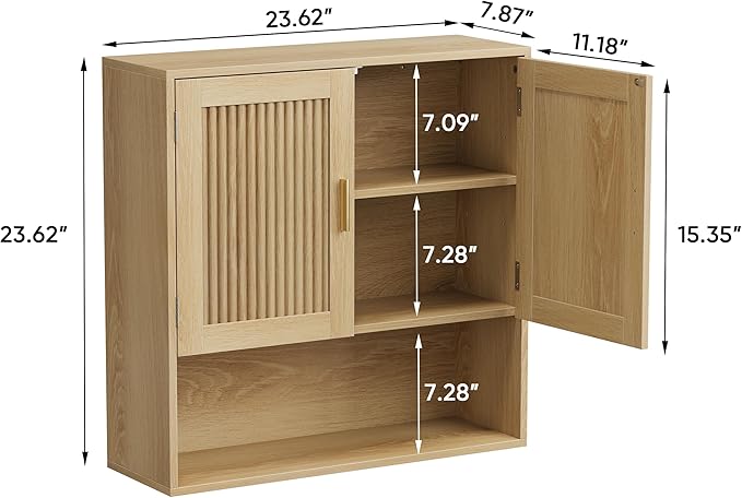 Smuxee Bathroom Cabinet Wall Mounted, Wooden Medicine Cabinet with Fluted Doors & Adjustable Shelf, Bathroom Cabinet for Bath Room, Living Room, Laundry Room