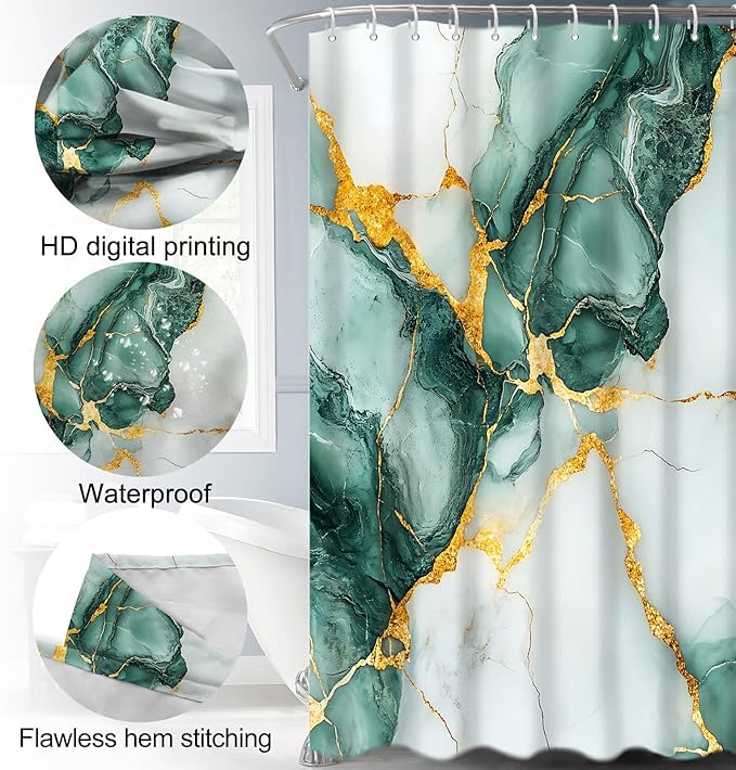 Lnond 4Pcs Marble Bathroom Sets with Shower Curtain and Rugs,Green Gold Marble Modern Art Bathroom Shower Curtain Sets with Rugs and Accessories