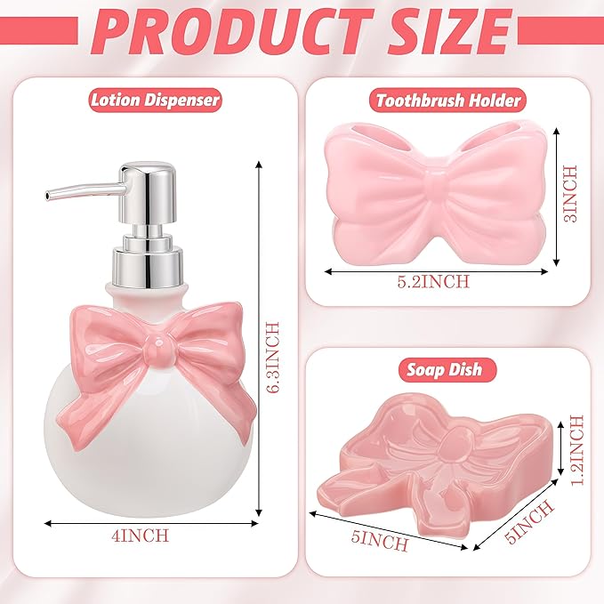 Pink Bow Ceramic Bathroom Accessories Set 3 Pcs for Countertop, Soap Dispenser, Toothbrush Holder, Soap Holder, Bathroom Sink Decor for Modern Home Decor