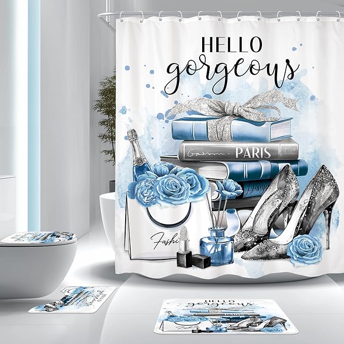 Cinbloo 4Pcs Girly Blue Shower Curtain Set, Silver Grey Fashion Women Bathroom Curtain with Rug, Toilet Lid Cover, Bath Mat, Flower Perfume Black White Striped High Heels Shower Curtain with 12 Hooks