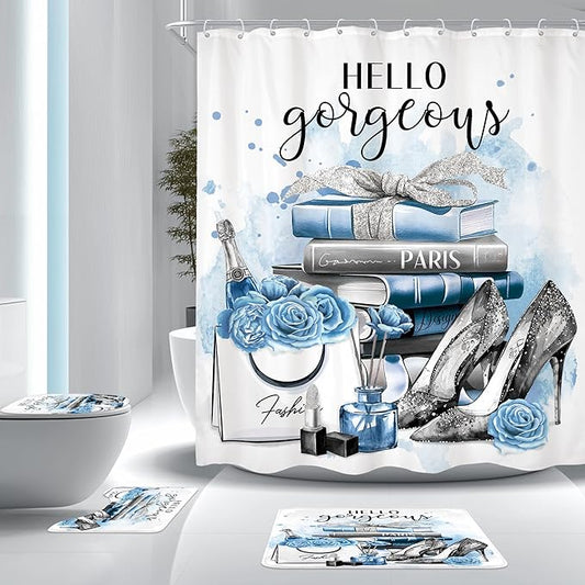 Cinbloo 4Pcs Girly Blue Shower Curtain Set, Silver Grey Fashion Women Bathroom Curtain with Rug, Toilet Lid Cover, Bath Mat, Flower Perfume Black White Striped High Heels Shower Curtain with 12 Hooks