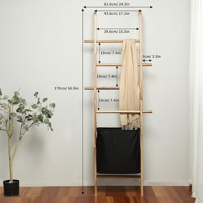 Taozun 67-Inch Towel Ladder with Basket for Bathroom Storage, Rustic Wooden Blanket Ladder with Hooks for Farmhouse Display, Wall Leaning Towel Ladder with Laundry Basket Organizer