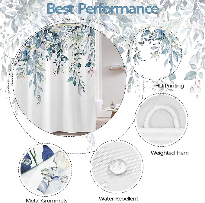 kampdream Teal Blue Plant Shower Curtain, Watercolor Eucalyptus Leaves On The Top Botanical Bathroom Shower Curtain 72 ×72 Inch