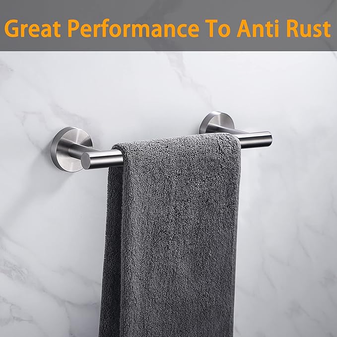 Nolimas 9 Inch Silver Bath Hand Towel Bar SUS 304 Stainless Steel Towel Rod Rack Holder Round Wall Mounted Suit for Kitchen,Bathroom,Living Room&Toilet,Anti Rust Brushed Nickel