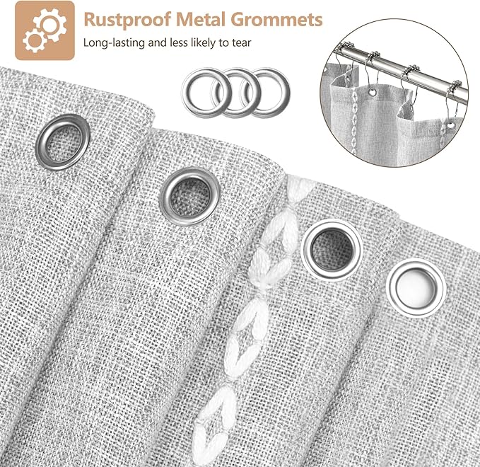 72 x 84 inch Extra Long Boho Chic Shower Curtain Heavyweight with Tassels, Grey Linen Textured Fabric Farmhouse Shower Curtain, Elegant Gray & White Striped Bathroom Curtain Water Repellent