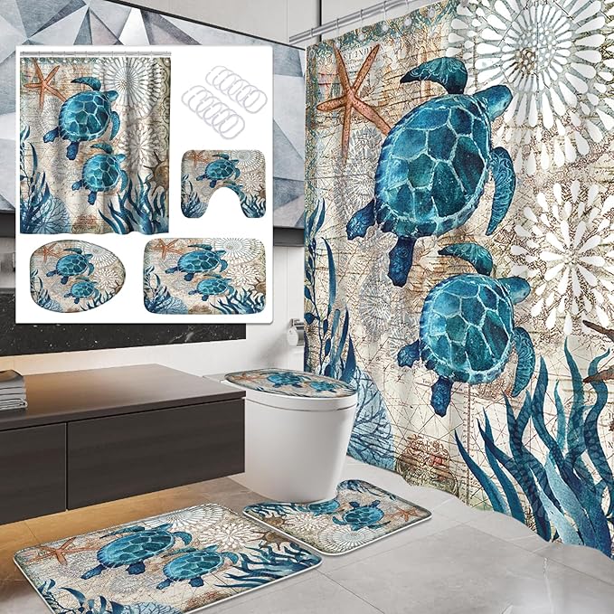 Sea Turtles Nautical Ocean Beach Bathroom Sets Starfish Coral Shower Curtain and 18 x 30 Rugs Bathroom Accessories Sets Decor with Bath Mat, Toilet Lid Cover, U-Shaped Contour and Hooks 72W x 72H Inch
