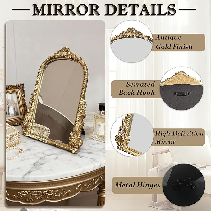 Baroque Gold Vintage Vanity Mirror 13x10 Inch, Wall-Mounted & Tabletop Dual-Use, Ornate Gold Accent Retro Decorative Mirror for Bedroom Dresser, Bathroom, Living Room and Dorm