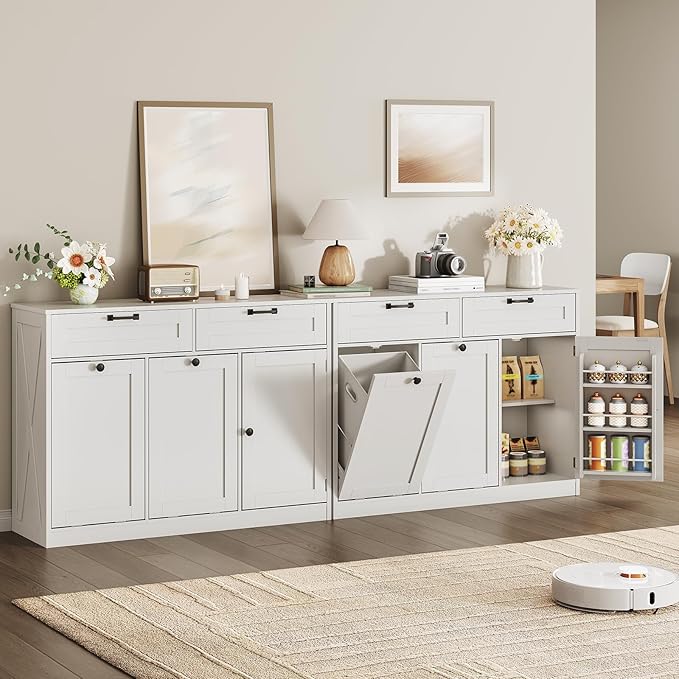 Double Tilt Out Laundry Hamper Cabinet, 43.3" Laundry Cabinet with 2 Removable Baskets, Farmhouse Wooden Hidden Trash Bin Cabinet with Open Shelving, for Bathroom, White
