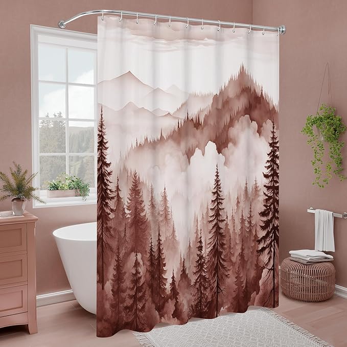 Burgundy Misty Pine Forest Shower Curtain, Mountain Foggy Woodland Scenery Tree Shower Curtains for Chic Rustic Bathroom, Abstract Modern Waterproof Nature-Themed Decor, 72x72 Inches