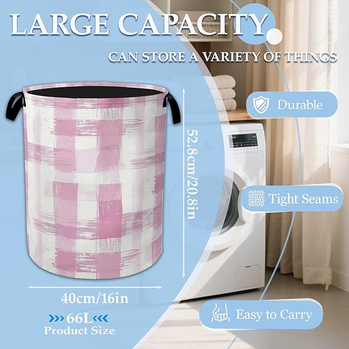 Pink Plaid Laundry Basket Collapsible Laundry Hamper with Handle, Oxford Clothes Toy Storage Bin for Bathroom Bedroom Room Decor, Gift Basket 16" X 20.8"
