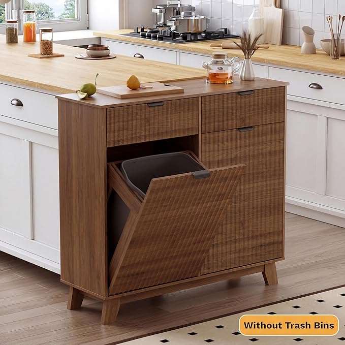Double Tilt Out Laundry Hamper Cabinet, 20 Gallon Wooden Trash Can Cabinet with Storage Drawers, Hidden Fluted Garbage Can Holder for Kitchen, Living Room (Walnut Wood, 39.34"W x 35.83"H x 13"D)