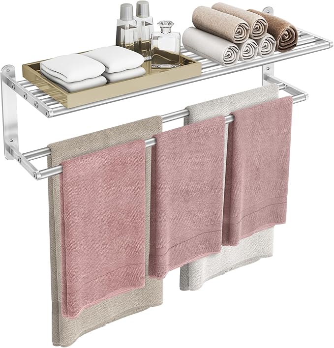 32 in Towel Racks for Bathroom, Bath Towel Shelf with Double Towel Bar, Stainless Steel Towel Storage for Lavatory Wall Mounted, 2-Tier Towel Hanger Towel Holder, Brushed Nickel