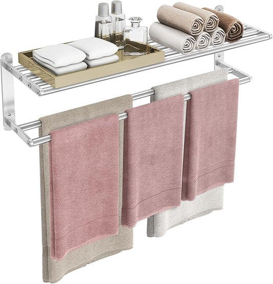 32 in Towel Racks for Bathroom, Bath Towel Shelf with Double Towel Bar, Stainless Steel Towel Storage for Lavatory Wall Mounted, 2-Tier Towel Hanger Towel Holder, Brushed Nickel