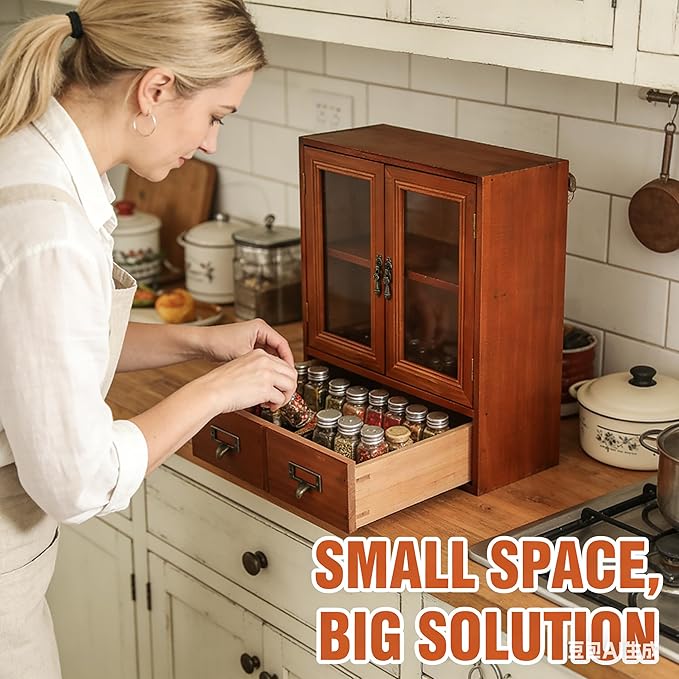 Rustic Vintage Mini Pine Counter Top Cabinet - 12" L x 4.7" W x 14" H with 2 Doors & 2 Drawers, Antique Apothecary Spice Cabinet for Kitchen, Bathroom, Office Organization & Storage(Brown)