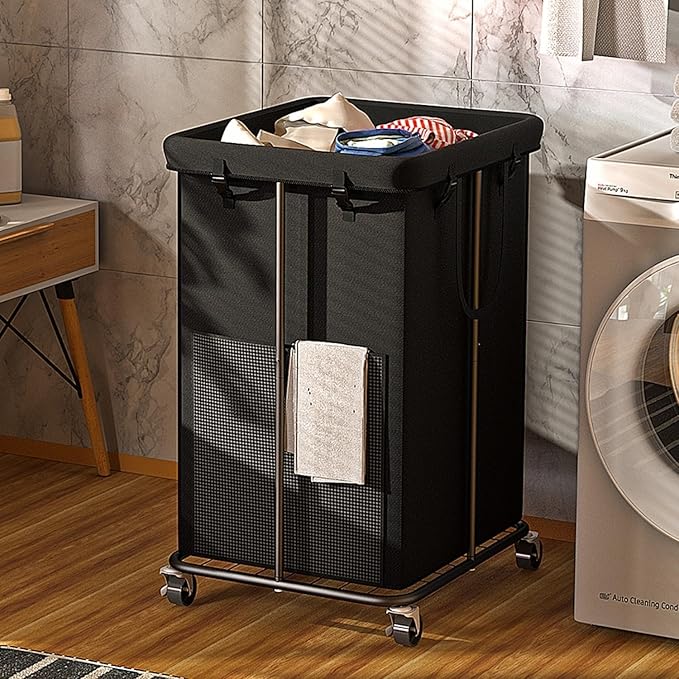 YKDIRECT 150L Large Laundry Hampers Basket with Removable Washing Bag, Oxford Fabric Laundry Hamper Clothes Hampers, Metal Frame Design with Wheels, Suitable for Bedroom, Laundry Room (Black with Bag)