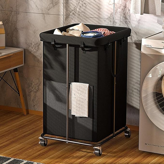 YKDIRECT 150L Large Laundry Hampers Basket with Removable Washing Bag, Oxford Fabric Laundry Hamper Clothes Hampers, Metal Frame Design with Wheels, Suitable for Bedroom, Laundry Room (Black with Bag)