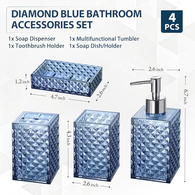 RYTOXILO Bathroom Accessories Set, 4 Pack Blue Acrylic Bath Accessory Sets Complete, Diamond Soap Dispenser and Toothbrush Holder Bathroom Counter Sink Set, Boho Modern Bathroom Decor