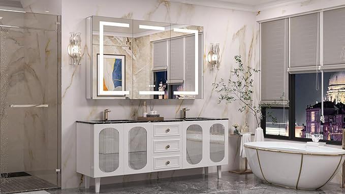 Keonjinn 48 x 32 Inch Lighted Medicine Cabinet for Bathroom with Outlets, Anti-Fog Lighted Medicine Cabinet with Mirror 3 Colors Dimmable, Tempered Glass 2-Side Front Lit Bathroom Mirror with Storage