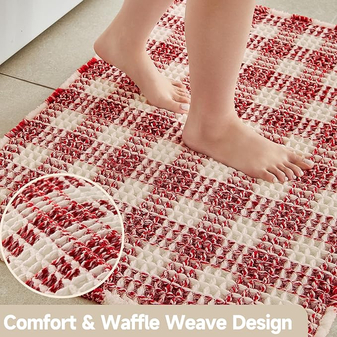 Waffle Bath Mat, Boho Christmas Bathroom Rugs Non Slip Washable Absorbent Checkered Bathroom Mat Quick Dry Cute Bath Mat, 24"x16" Red and White
