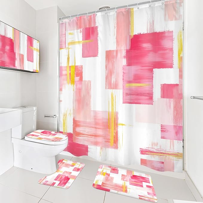 Cinbloo 4Pcs Pink Gold Shower Curtain Set, Modern Abstract Girls Girly Ombre Blush Oil Painting Bathroom Curtain with Rug, Toilet Lid Cover, Bath Mat, Geometry Minimalist Shower Curtain with 12 Hooks