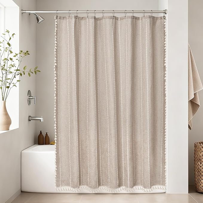 Boho Farmhouse Shower Curtain Heavyweight with Tassels, 72 x 76 Inch Extra Long Taupe Linen Textured Fabric Shower Curtain for Bathroom, Tan and White Striped Bath Décor Curtain Water Repellent