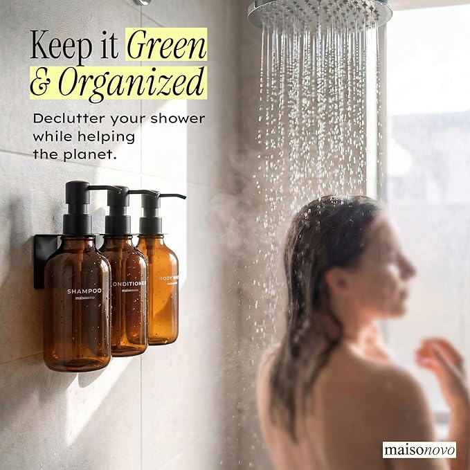 Shampoo and Conditioner Dispenser Wall Mounted Set of 3 Amber Black - No Drill Shower Soap Dispenser for Bathroom Refillable - Spa Hotel Style Accessories by MaisoNovo