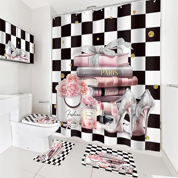 Cinbloo 4Pcs Black White Checkered Shower Curtain Set, Pink Fashion Flower Perfume High Heels Books Bathroom Curtain with Rug, Toilet Lid Cover, Bath Mat, Women Girl Shower Curtain with 12 Hooks