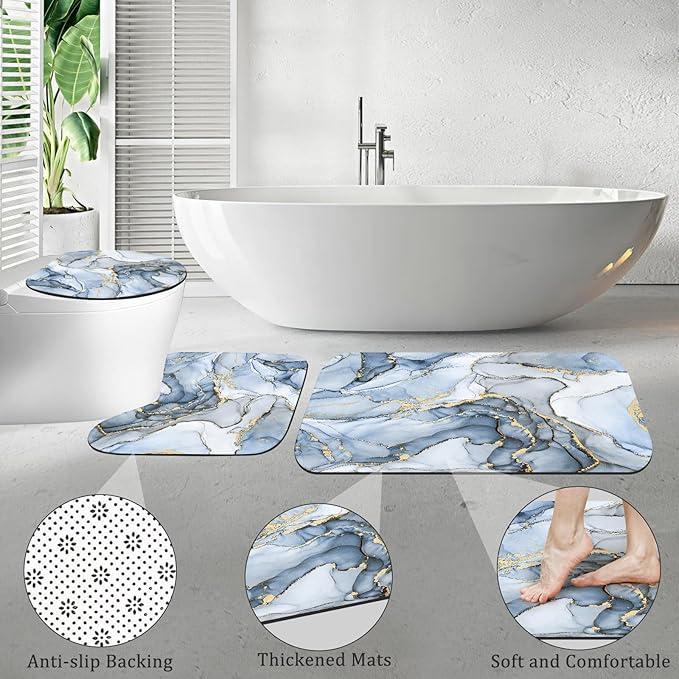 4PCS Light Blue Gold Marble Shower Curtain Sets with Rugs, Abstract Luxury Bathroom Sets with Shower Curtain and Rugs, Gold Bathroom Curtains Shower Set with Toilet Lid Cover