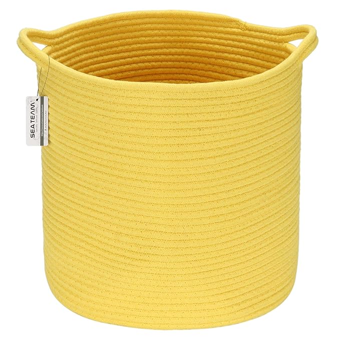 Sea Team Medium Size Cotton Rope Woven Storage Basket with Handles, Laundry Hamper, Trunk Organizer, Clothes Toys Bin for Kid's Room, 14 x 14 inches, Round Open Design, Yellow