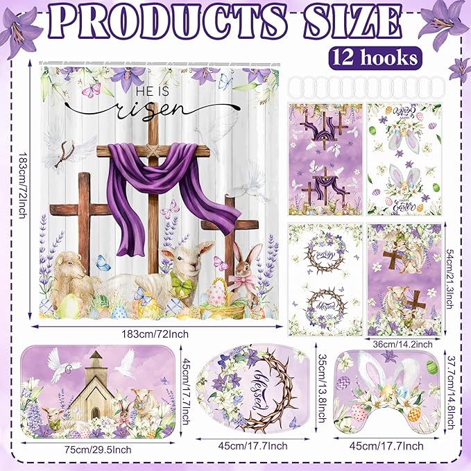 FuWeave 8 Pcs Easter He is Risen Shower Curtain Set for Bathroom Include Christian Lamb Cross Bunny Egg Shower Curtain Towels Non Slip Rugs Toilet Lid Cover Bath Mat and 12 Hooks for Bathroom Decor