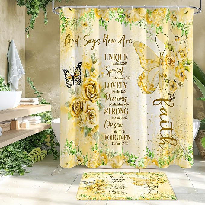 Litabel 4 Pcs Yellow Butterfly Inspirational Quotes Shower Curtain Set with Rugs and Toilet Lid Cover, Colorful Boho Waterproof Fabric Bathroom Set, Bible Verse Floral Bathroom Decor Set Accessories