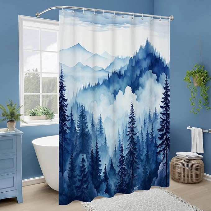 Navy Blue Extra Long Misty Pine Forest Shower Curtain 72 x 84, XL Mountain Foggy Woodland Scenery Tree Shower Curtains for Bathroom, Abstract Waterproof Nature-Themed Decor