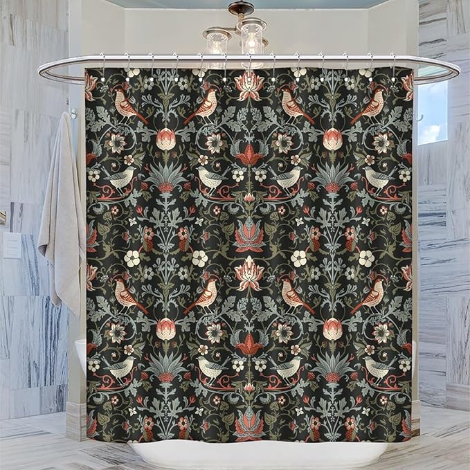 Boho Shower Curtain William Morris Art Print Retro Bird Plant Natural Flower Pattern Print Shower Curtains 66""×72"" Inch, Style-2