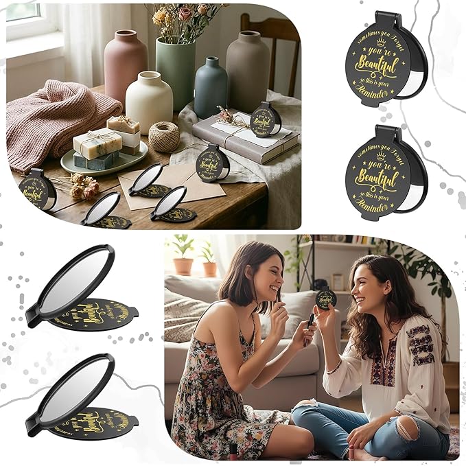 72 Pcs 2.76 Inch Inspirational Compact Mirror Bulk Women Small Gifts Graduation Party Favors Purse Mirror Pocket Mini Stuffer Items for Adult Coworker Cheerleader Employee (Black)
