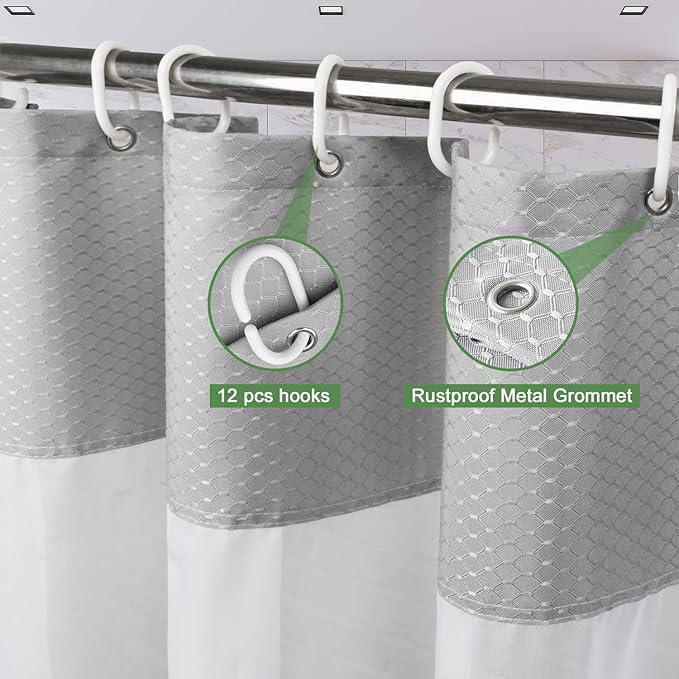 UFRIDAY Gray Waffle Weave Fabric Shower Curtain with Mesh Window, Stall Size Shower Curtain 36 X 72 inch,Heavy Duty Decorative Bathroom Curtain, Spa-Like Hotel Luxury, Water-Repellent,Gray